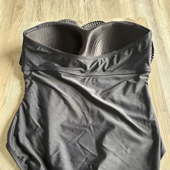 KONA SOL One Piece Swimsuit Bathing Suit Black Bandeau Top Crochet Ruffle Large - Picture 7 of 7